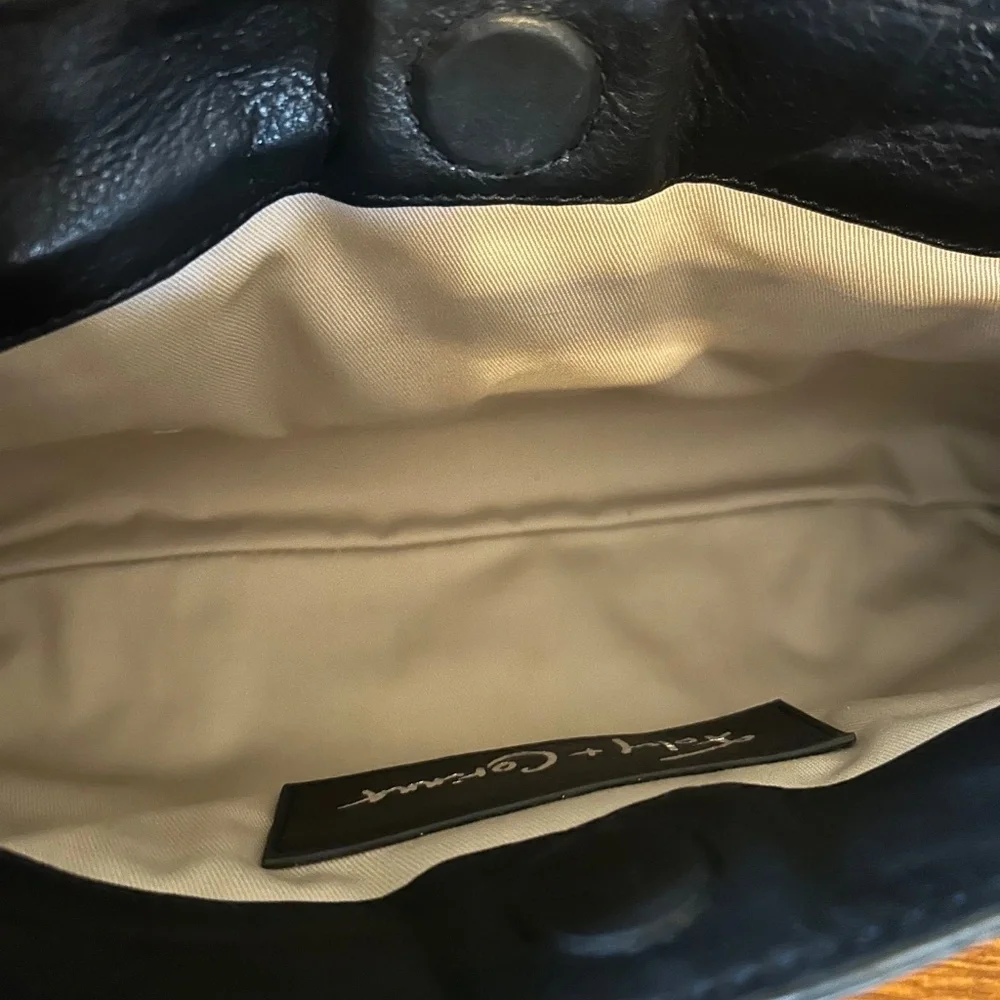 Foley & Corinna Handbag Clutch Beige Canvas Black‎ Leather Shoulder Strap Purse